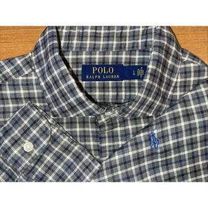 Polo Ralph Lauren Shirt Men L‎ Plaid Gray Spread Collar Preppy